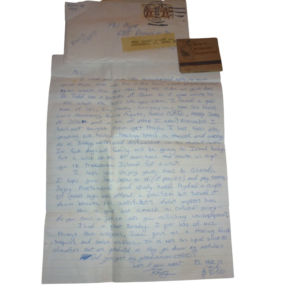 1977 Michigan to Evergreen CO Letter Matchbook Records Isle Royale UP Ephemera